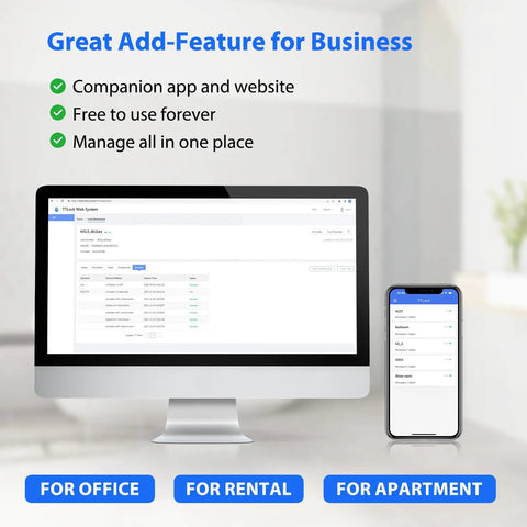Desktop and smartphone displaying TTLock app interface for Smart Fingerprint Key Lock Box With Bluetooth Access TTLock App Control Shared Ekey Waterproof Outdoor Digital Keybox For Door Handle Or Wall Mount Optional Keypad IC Card Access Easy Setup And Everyday Security On The Go