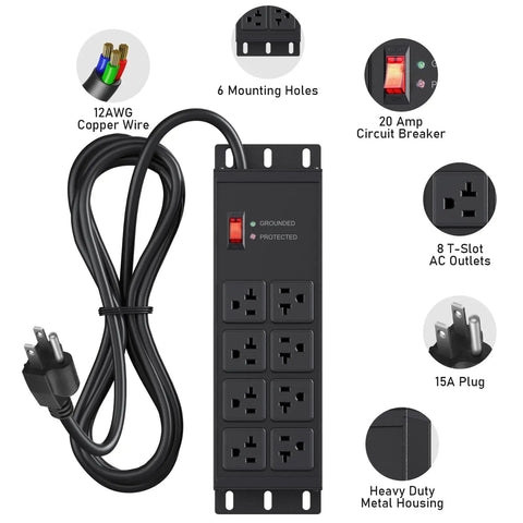 Heavy Duty Surge Protector Power Strip With Eight Outlets 20 Amp 12 Gauge Metal Industrial Bar 6 Ft Extension Cord for Garage