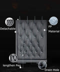 27 Peg Lab Drying Rack With Pegboard Mount For Bench Or Wall Use Glassware Drying Stand With Built In Draining Tray And 30 Inch Tubing Detachable Pegs Black Finish For Busy Science Labs. Black PP rack with 27 detachable pegs and drain hole, front view