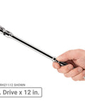 Hand holding Three Eighth Inch Drive And One Half Inch Drive Flex Head Beefy Long Ratchet Set Non Quick Release Two Piece with 12 Inch flex head.