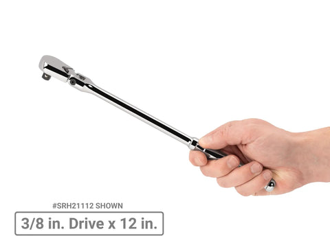Hand holding Three Eighth Inch Drive And One Half Inch Drive Flex Head Beefy Long Ratchet Set Non Quick Release Two Piece with 12 Inch flex head.
