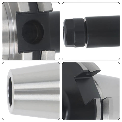 Close-up images of 4 Piece ER11 Collet Chuck Tool Holder Kit Balanced To G2.5 At 20000 RPM for CNC chucks and CAT40 adapters.