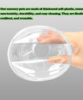 Top view of Clear Nursery Pots Set For Plants 3.5, 5, 6 Inch With Drainage Holes Flexible Reusable Seedling Planters 21 Pack.