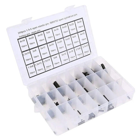 Open box showing Elastic Cylindrical Pin Set 240 Pieces Carbon Steel Hollow Positioning Pins For Precise Assembly And Secure Alignment