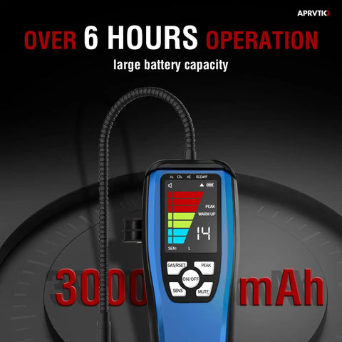 3 In 1 Refrigerant Leak Detector With Heated Diode Sensor showing battery indicator and 6-hour operation details.