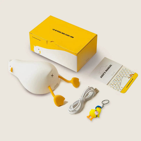 Night Light Duck Shaped LED Lamp with box, charging cable, manual, and keychain accessory.