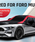 Ford Weatherproof Car Cover For All Weather Use With Red Stripe Design on Mustang showing custom mirror pockets and fit