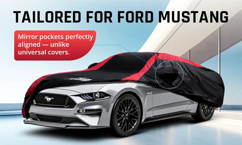 Ford Weatherproof Car Cover For All Weather Use With Red Stripe Design on Mustang showing custom mirror pockets and fit