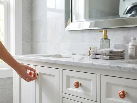 Sick Red Ceramic Cabinet Knobs Set for Fresh Kitchen and Dresser Upgrade on white cabinet in bathroom setting.