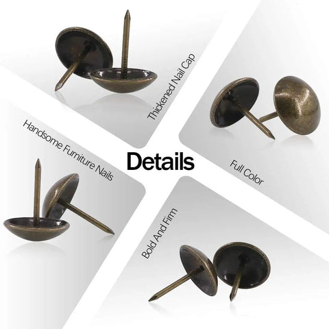 Premium Antique Bronze Upholstery Tacks 200 Piece Assortment Kit solid decorative thumb tacks showing thickened nail caps and bold design.