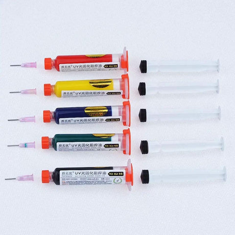Must Have Pro Grade Five Color UV Curable Solder Kit With Five Needles And Five Plastic Tube Pistons For PCB Protection