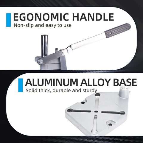 Portable Drill Press Stand For Hand Drills Adjustable Benchtop Clamp With Aluminum Base and ergonomic handle shown