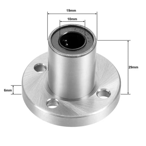 Top Tier 10 mm Bore Round Flange Linear Ball Bearings Sealed Chrome Steel Bushings showing 19mm OD, 29mm height, and dimensions.