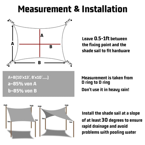 Diagram showing installation instructions for Waterproof Triangle Shade Sail 16ft x 16ft x 16ft Dark Grey, UV resistant, patio setup tips
