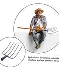 Man holding a Heavy Duty Iron Manure Fork For Lawn Care And Farm Cleanup Handheld Pitchfork For Composting And Rural Waste Management.
