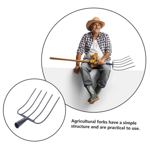 Man holding a Heavy Duty Iron Manure Fork For Lawn Care And Farm Cleanup Handheld Pitchfork For Composting And Rural Waste Management.