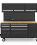 Top Shelf 72 Inch Rolling Tool Chest With 10 Smooth Drawers Solid Rubber Wood Top Mobile Workstation Featuring Built In Power Strip And Secure Locking System For Garage Pro Rigs with black finish and wood top.