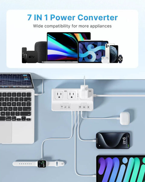 220V To 110V Voltage Converter 2000W Universal Travel Adapter And Step Down Transformer on desk with electronic devices connected