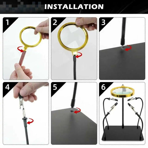 Helping Hands Soldering Station With 3X Magnifying Glass installation steps, showing flexible arms and clamps on base.