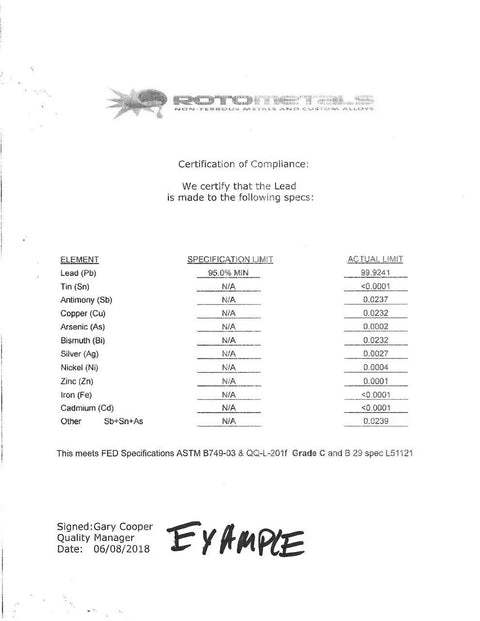 Certification document for Top Shelf Nine Nine Point Nine Pure Lead Plugs and Discs detailing lead composition specifications.