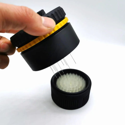 Premium Geared Espresso Needle Distributor With Reliable Magnetic Base For Home Baristas 51mm Portafilter Stirrer with visible needles.