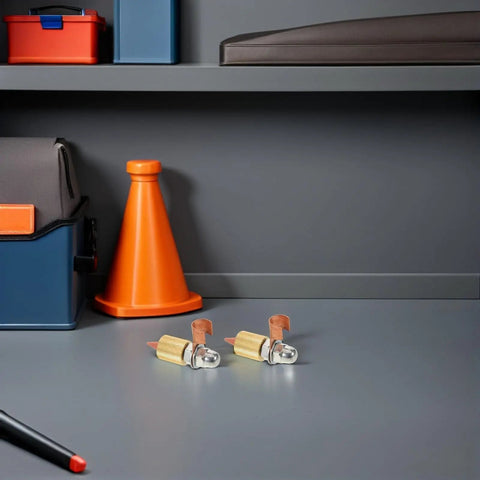 Welding Ground Clamp Assist Holder Two Pack with copper alloy base on gray surface, orange cone and toolboxes in background