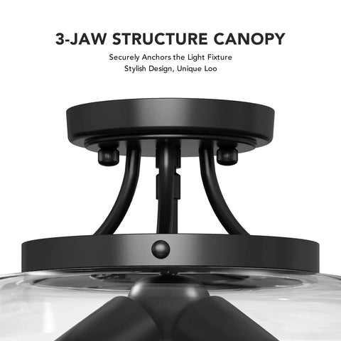 3-Jaw canopy of 3-Bulb Industrial Style Semi Flush Mount Ceiling Light With Clear Glass Shade, Matte Black Fixture, E26 Base, ETL Listed