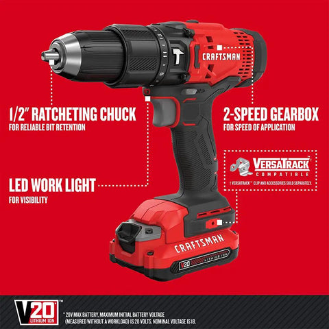 V20 One Half Inch Cordless Hammer Drill Kit With Two Batteries And Charger Included For Heavy Duty Jobsite Drilling In Concrete And Brick 280 Unit Watts Out Twenty Five Thousand Five Hundred BPM Two Speed Gearbox