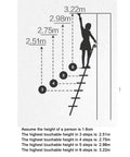 Diagram of Black Sliding Ladder Door Hardware Kit with retractable ladder showing reach heights at different steps for home loft use
