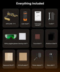 Artilume T1 foldable laser engraver kit: laser head, manual, toolkit, safety goggles, aluminum sheets, basswood block.