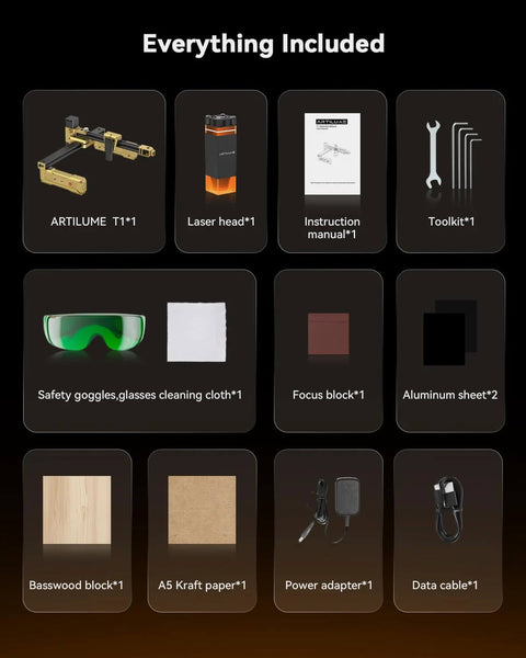 Artilume T1 foldable laser engraver kit: laser head, manual, toolkit, safety goggles, aluminum sheets, basswood block.