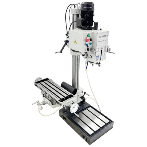 All In One Gear Head Vertical Drill Press With Drilling Tapping and Milling, 1.5KW, shown with heavy-duty metal base, industrial machine