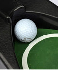 Close-up of Indoor Golf Putt Practice Mat Set With Automatic Ball Returner Realistic 4cm Artificial Turf For Home Use