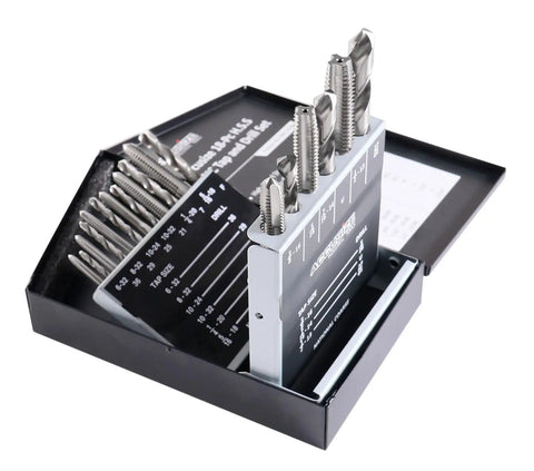 Pro Grade HSS Tap And Drill Set For UNC Threads 18 Piece Kit showing taps and drills in black metal case