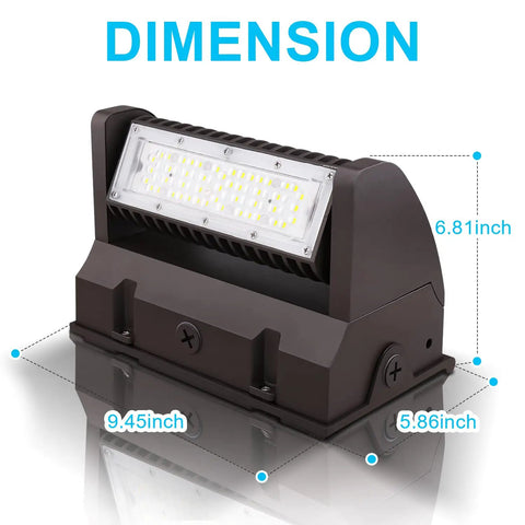 40W Rotatable LED Wall Pack Light With 5000K Daylight Output, 5500 Lumens Outdoor Area Fixture dimensions shown