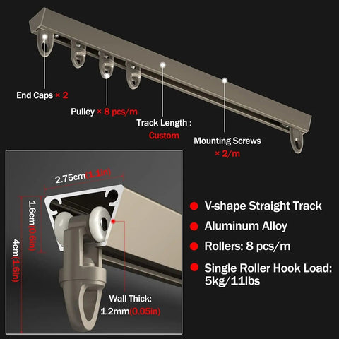 Ultra Thin Aluminum Curtain Track System With Ceiling Mount Seamless Sliding Rod For Heavy Curtains Room Divider Champagne Finish 13 Feet Long 4 Meters, aluminum alloy, 4 m track