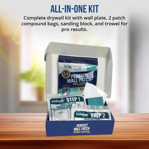All In One Drywall Repair Kit With Wall Plate, Two Patch Compound Bags, Dual Grit Sanding Block And Trowel For Quick Hole Repair