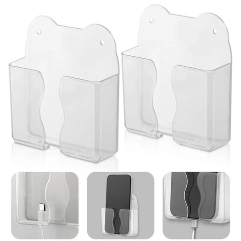 Two Pack Wall Mounted Phone Holder With Charging Hole Self Adhesive Clear Phone Cradle Bedside Organizer