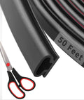Front view: D-shaped rubber door weather stripping roll, 50 ft, black with self-adhesive backing; scissors shown.