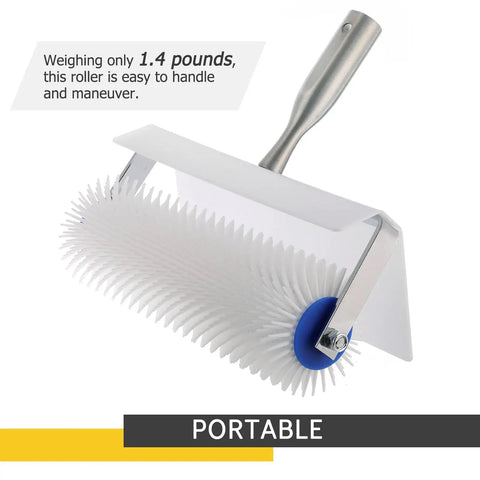 Spiked Screeding Compound Roller For Leveling Floors Pro Grade Boss Level 10 Inch By 1 Inch with handle and splash guard