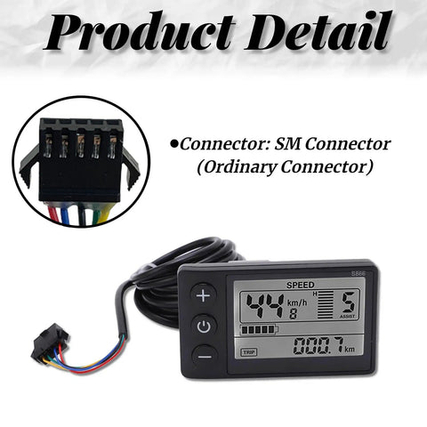 S866 2.5 Inch LCD Speedometer Odometer for Electric Scooters with SM Connector and LCD display showing speed and distance.