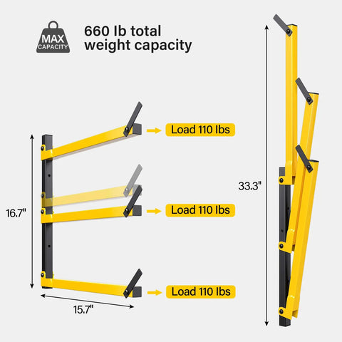 Heavy Duty Folding Lumber Storage Rack 3 Level Wall Mounted Metal Organizer For Garage Woodworking Shop Indoor Outdoor Use Yellow 4 Pairs