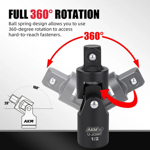20 Piece Locking Impact Socket Extension Set With Three Inch Six Inch Nine Inch Extension Bars For One Quarter Inch Three Eighth Inch One Half Inch Drive Quick Release Locking Collar Cr V Steel Universal Joints Bit Socket Adapters And Socket Adapters showing 360 degree rotation feature