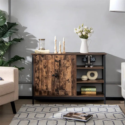 Heavy Duty Two Door Industrial Kitchen Storage Cabinet With Adjustable Steel Shelves And Magnetic Lock Vintage Sideboard For Pantries, rustic wooden design.