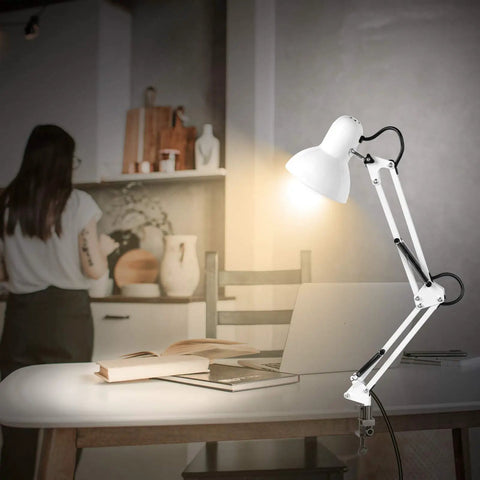 White Metal Desk Lamp With Swing Arm And Clamp On Base Two In One Desk Or Clip On Light For Bedroom Study Or Office Eye Caring