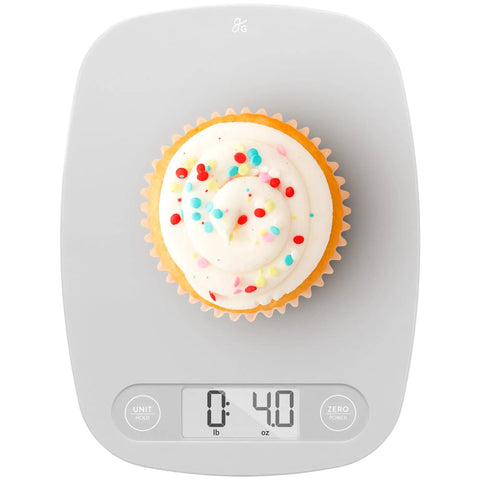 Go-To Slim Digital Kitchen Scale with 1g Precision displaying a cupcake's weight, space-saving design for daily cooking and meal prep.