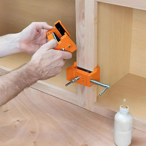 Precision Woodworking Clamp And Drilling Holding Clip with Adjustable Positioning attached to wood for accurate drilling.