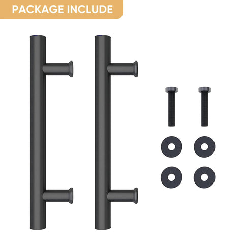 12 Inch Push Pull Barn Door Handle Set Double Side H Shape Sliding Door Hardware Heavy Duty Swing Gate Handles Matte Black Carbon Steel Anti Rust Finish Easy Install With Screws And Installation Manual, showing handles and screws package