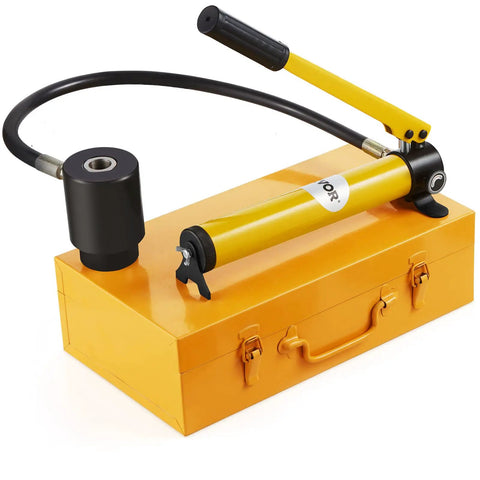 15 Ton Hydraulic Knockout Punch Kit with 10 Punches and Dies, featuring step drill bit and carrying case, ideal for DIY conduit cutting.