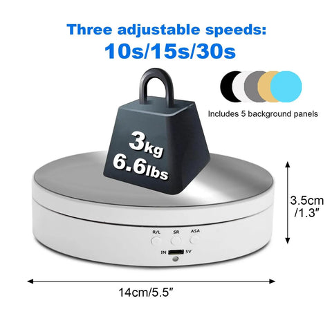 Smart Motorized Rotating Display Stand Electric Turntable 360 Degree Spin Platform for Jewelry Photography showing adjustable speed and weight limit.